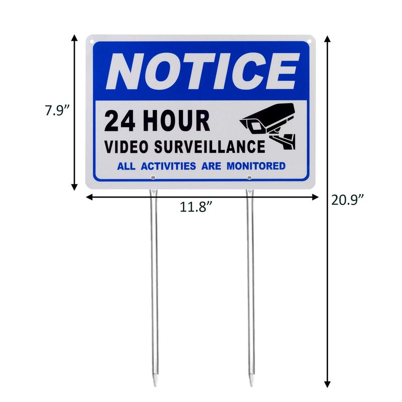 Kichwit 24 Hour Video Surveillance Sign with Metal Stakes, Aluminum Yard Sign, 11.8" x 7.9" - Image 5